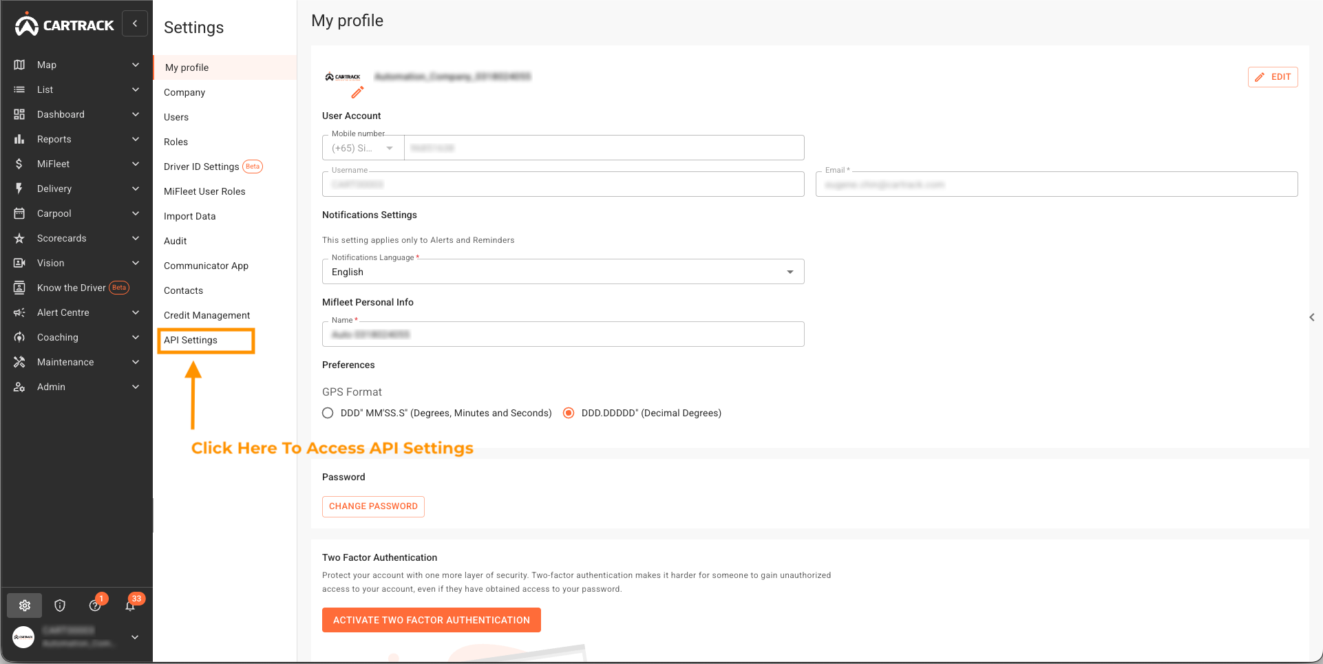 Administrator credentials page Access Admin Section